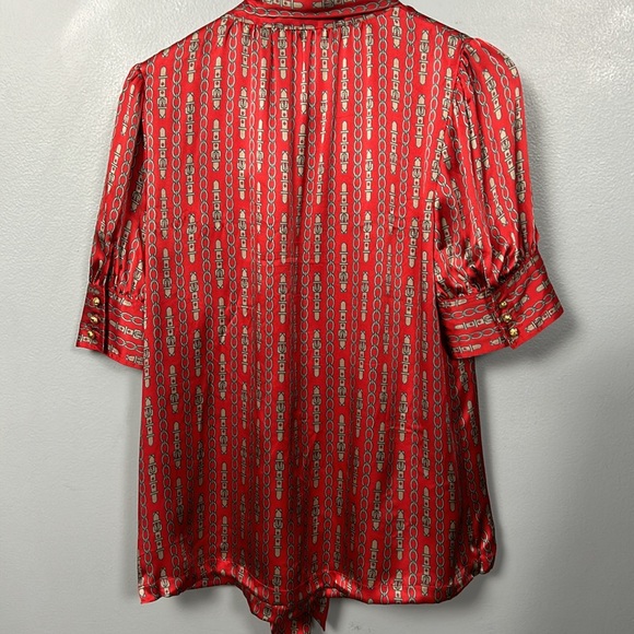 BANANA REPUBLIC Women’s Red Silver Chain silk blouse with front tie M vtg - Picture 8 of 13